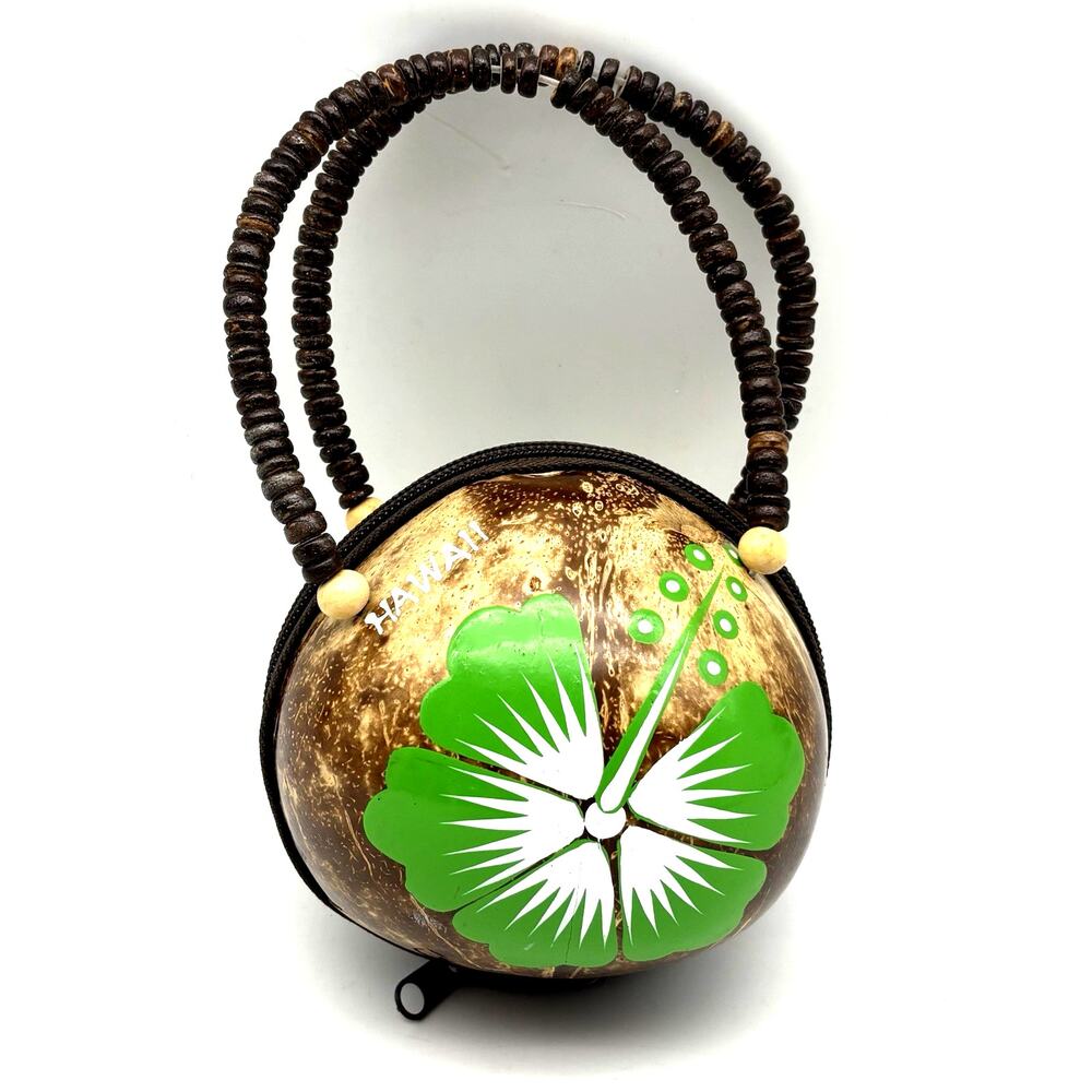 Y2K Handmade Green Hibiscus Painted Hawaiian Coconut Shell Beaded Handles Clutch